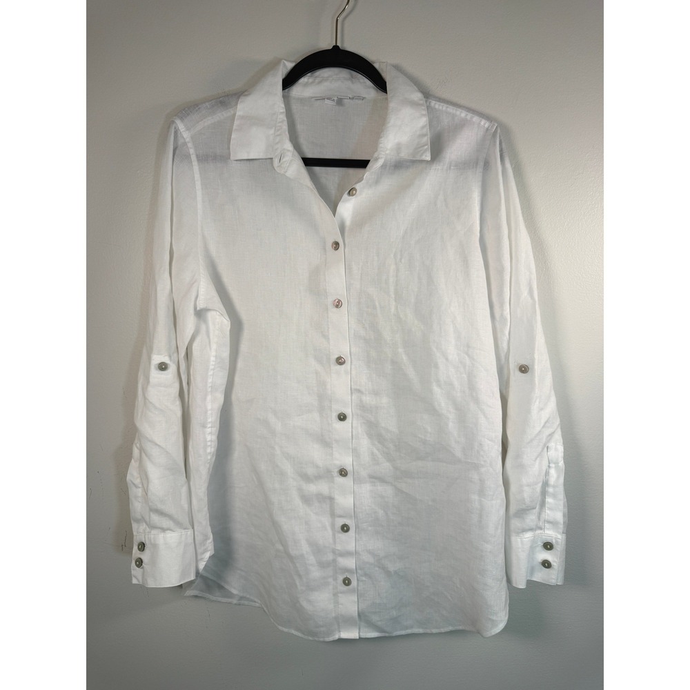 Chicos Womens 1 US 8 White 100% Linen Roll Tab Long Sleeve Button Down Shirt